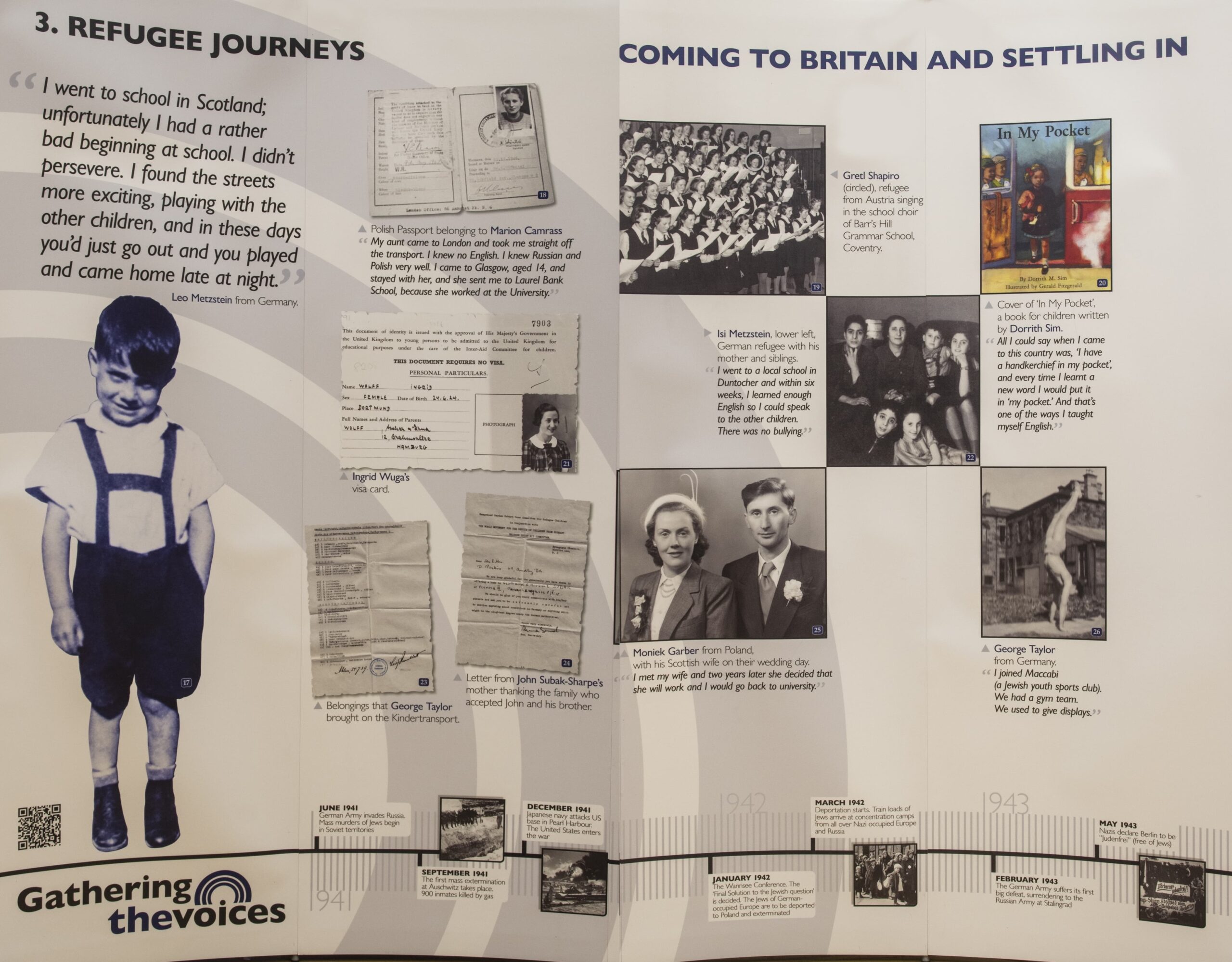 The exhibition panel "Refugee Journeys": a collage of photographs, documents and portraits. Choose a + marker to open each story.