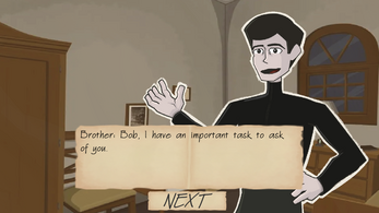 Bob's brother, drawn in black, speaks in a text box: Brother: Bob, I have an important task to ask of you. A Next button sits below.