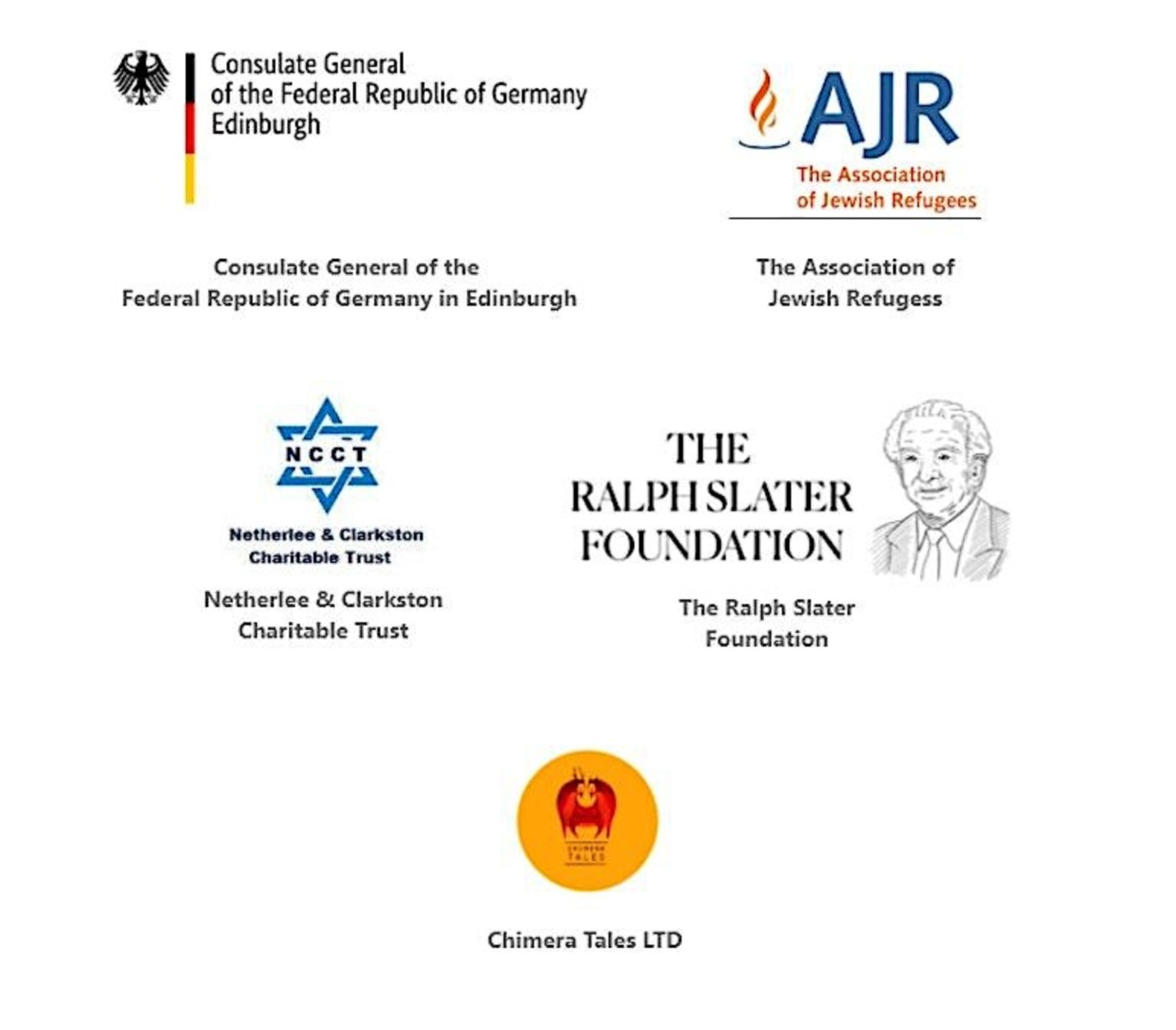 Logos of supporters: Consulate General of the Federal Republic of Germany in Edinburgh; The Association of Jewish Refugees; Netherlee & Clarkston Charitable Trust; The Ralph Slater Foundation; Chimera Tales LTD.