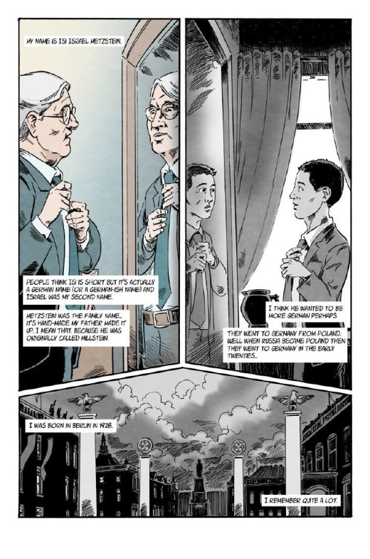 A page from the comic, with Isi Metzstein as an older man remembering his childhood in Berlin.