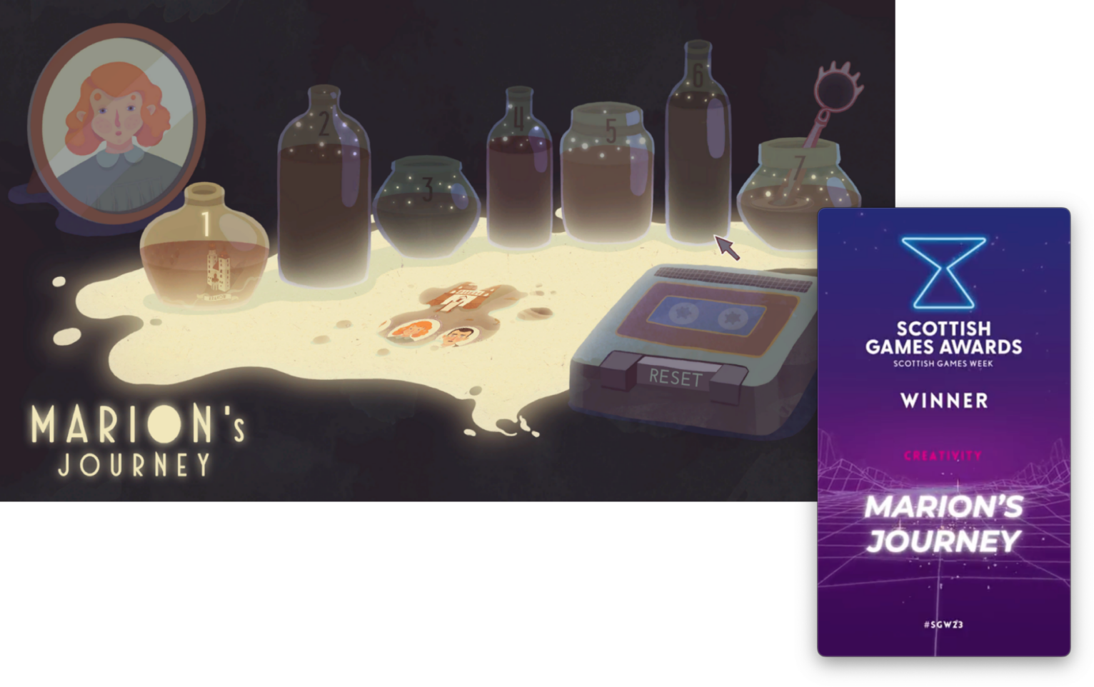Marion’s Journey game scene with numbered bottles, a portrait and a cassette player.