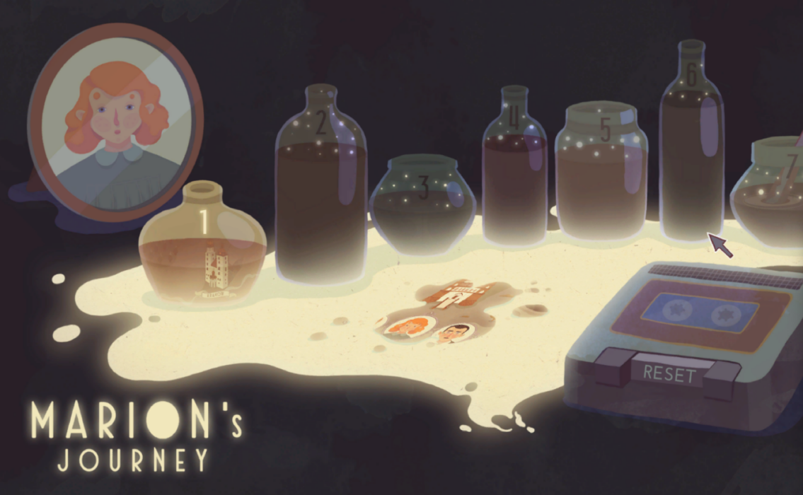 Marion’s Journey game scene with numbered bottles, a portrait and a cassette player.