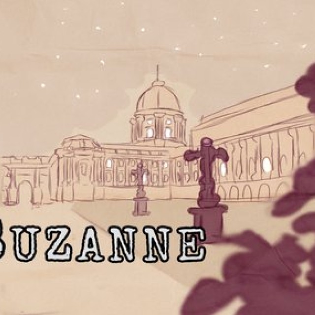 Suzanne game title over a sketch of Budapest at night.