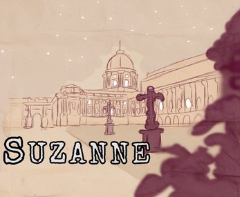 Suzanne game title over a sketch of Budapest at night.