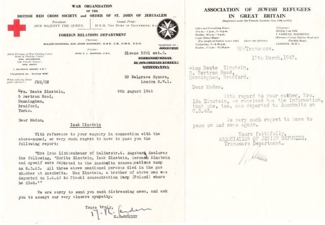 The Red Cross letter confirming the tragic news of Beate’s parents death at Auschwitz.