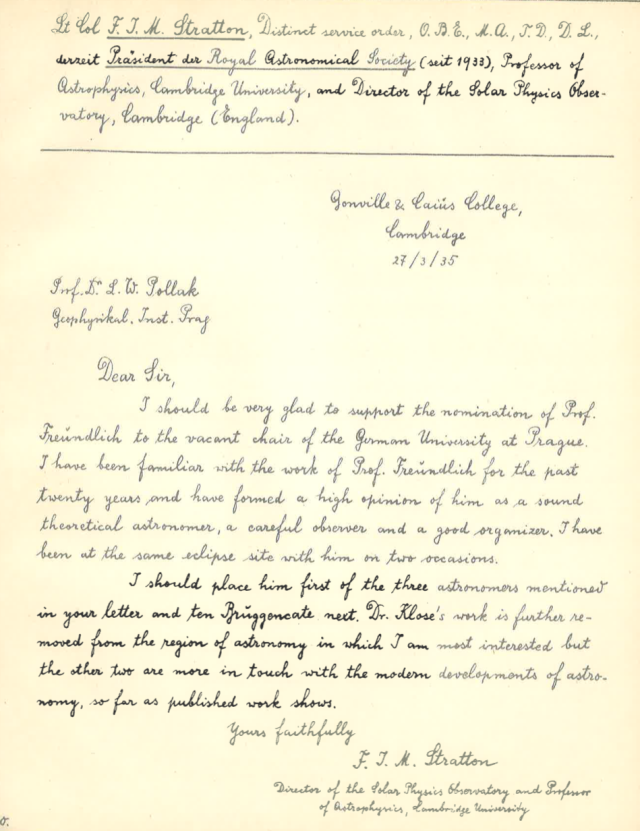letter from Lt Col Stratton, President of Royal Astronomical Society
