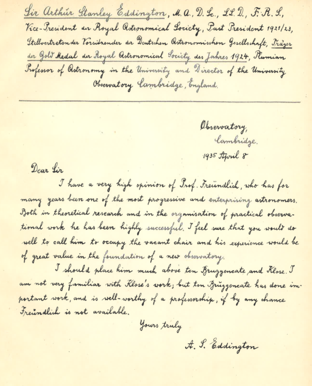 letter from Sir Arthur Eddington