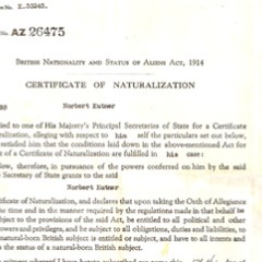 Bob Kutner's naturalisation certificate