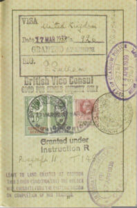 Inside of Martin's German passport showing his visa granted by the British Consul in Munich 17th March 1939 to come to the UK for Training and to leave at the end of his training- Granted for one journey only. Martin passport is officially stamped arrivals Croydon Airport 7th April 1939 & City of Glasgow Police 14th April 1939