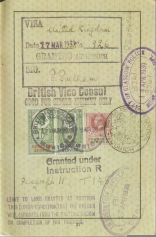 Martin Ansbacher German Visa to travel to the UK March 1939