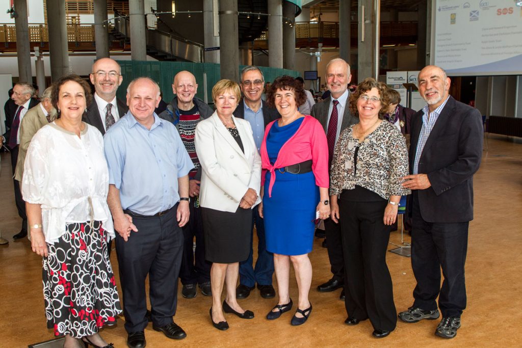 Front row, left to right:- Claire and Howard Singerman (GVA – Gathering the Voices Association), Vice Chancellor & Principal, Professor Pamela Gillies CBE (Glasgow Caledonian University), Angela Shapiro, Hilary and Steven Anson (GVA). Back row, left to right:- Stewart Maxwell (MSP), Duncan Cameron (Riverside Music Complex), David Shapiro (GVA), Heinrich Schnettger (German Consul, Edinburgh). Picture taken in 2013
